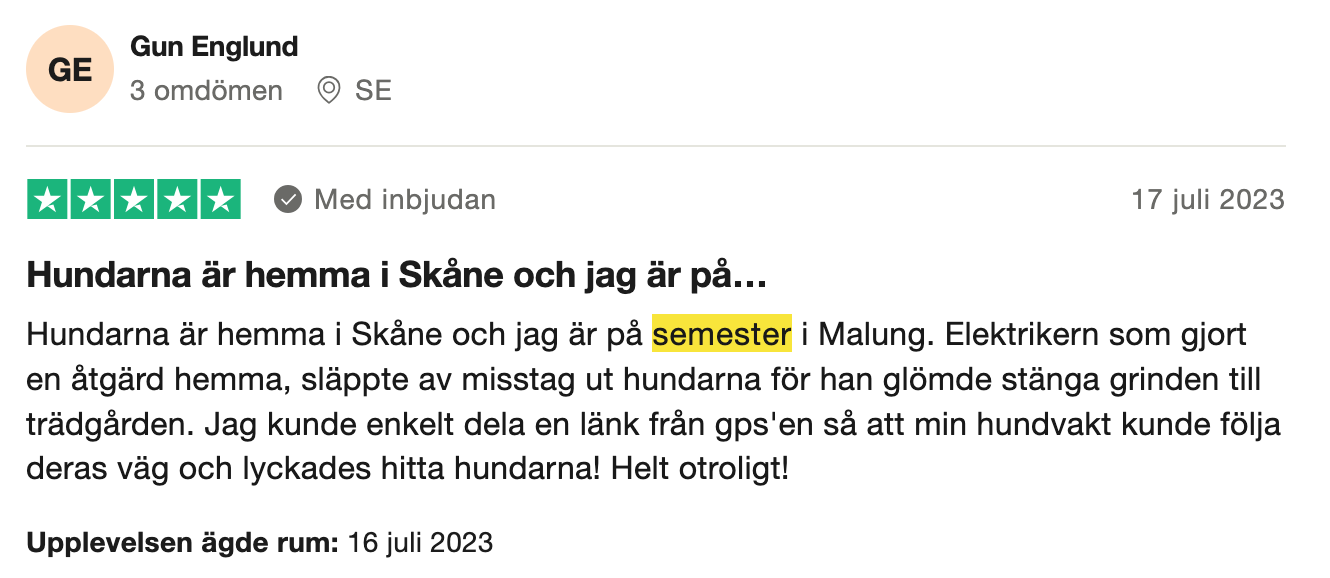 Trustpilot-omdöme om Tractive